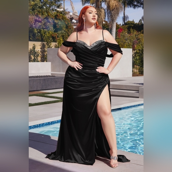 Plus size black,emerald,purple lavender, red off the shoulder lace up back dress - Picture 3 of 8